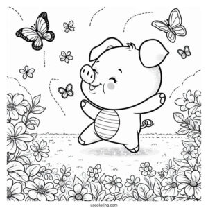 Happy Piglet Coloring Page Dancing In The Garden With Butterflies