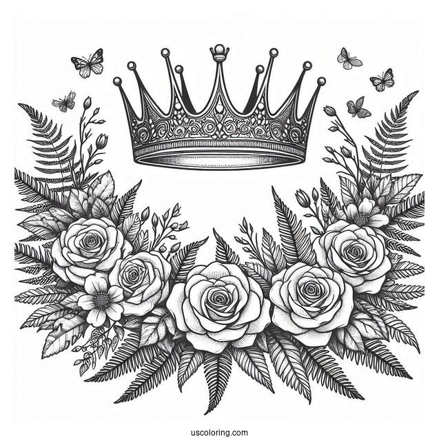 Detailed Flower Crown Coloring Page Surrounded by Roses and Fern Leaves