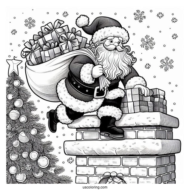 Santa Claus Climbing Into Chimney With Sack Of Presents