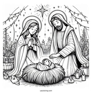 Nativity Coloring Page Of Mary And Joseph Watching Over Newborn Jesus Nativity