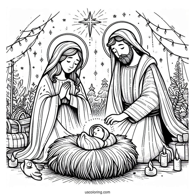 Nativity Coloring Page Of Mary And Joseph Watching Over Newborn Jesus Nativity