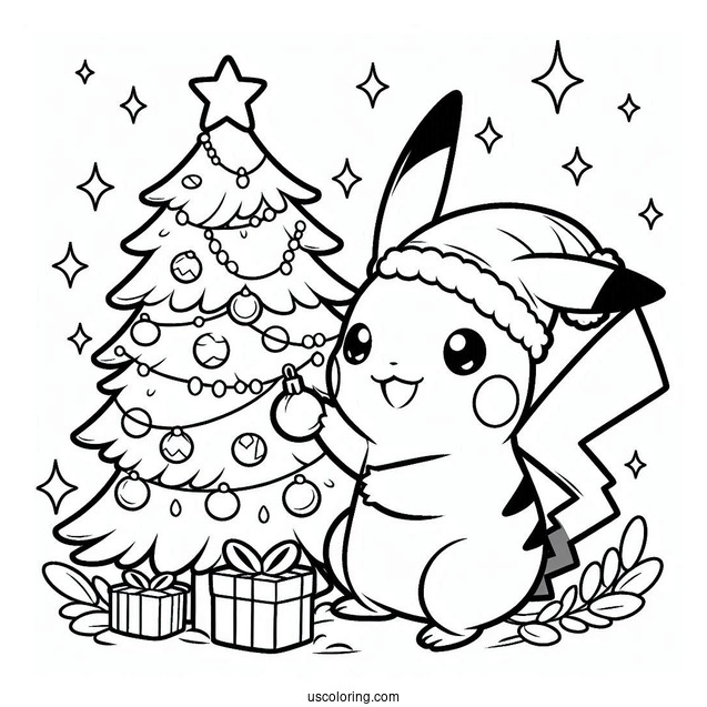 Pokemon Christmas Coloring Page Pikachu Decorating A Christmas Tree