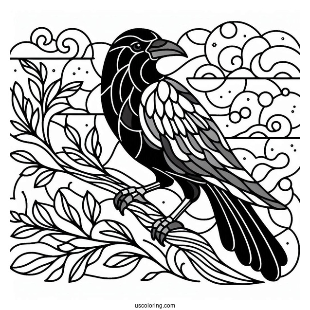 Raven Perched On A Branch Stained Glass Coloring Page For Kids