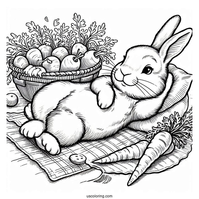 Peter Rabbit Coloring Page Lying On A Bed Of Carrots