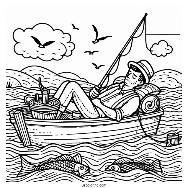 Man Sleeping On A Boat While Fishing Coloring Page In The Sea