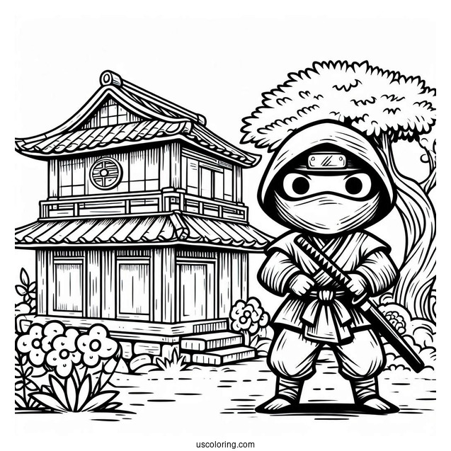 Ninja In An Old Japanese Village Coloring Sheet