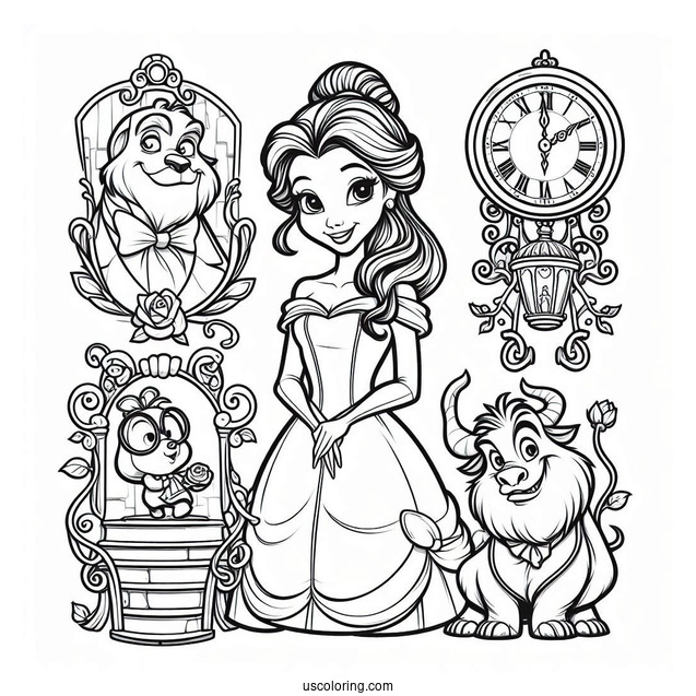 Belle With Cogsworth, Chip, Mrs Potts And The Beast