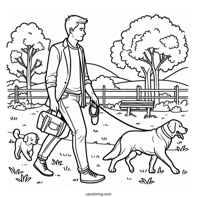 Coloring Sheet Of Man Walking His Dog In Park