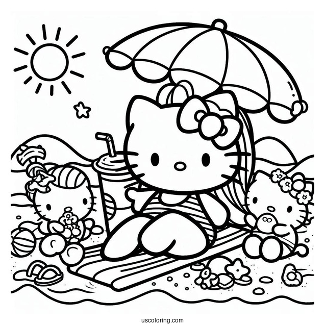 Hello Kitty And Friends Lounging At The Beach Coloring Page