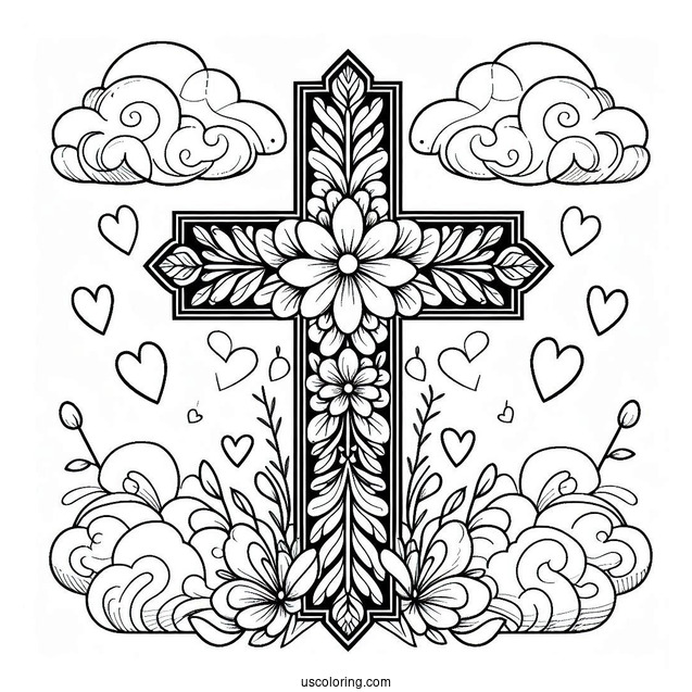 Floral Cross Coloring Page With Clouds In The Sky And Love Hearts
