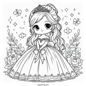 Cartoon Princess Coloring Page In Ball Gown