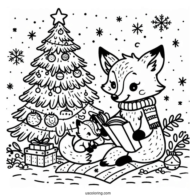 Mama Fox Coloring Page Reading To Baby Fox In Winter Christmas