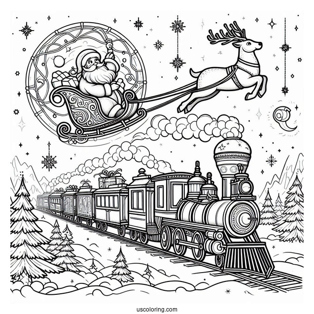 Polar Express Coloring Page Of Santa Claus On His Sleigh Flying Over The North Pole