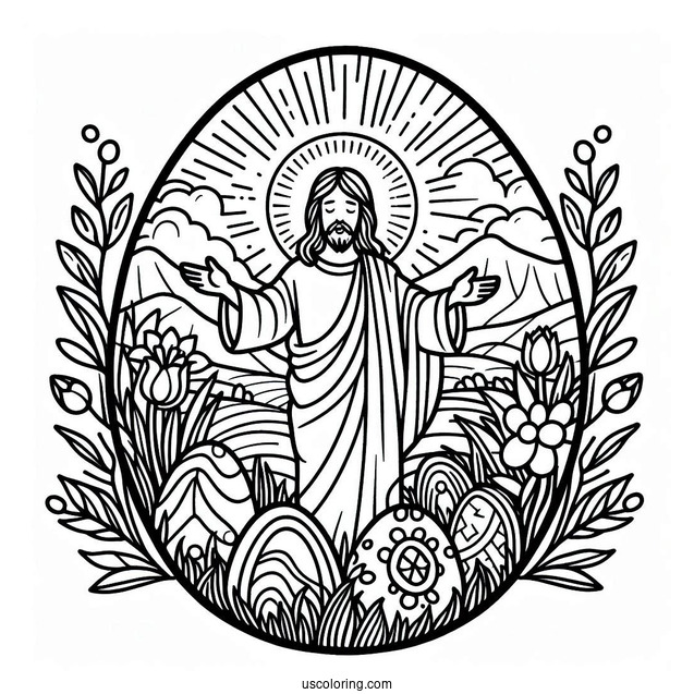 Resurrected Jesus in a Spring Easter Egg Coloring Page