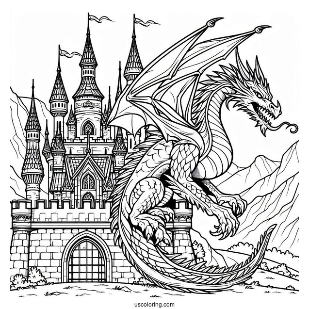 Dragon On Top Of Medieval Castle To Color