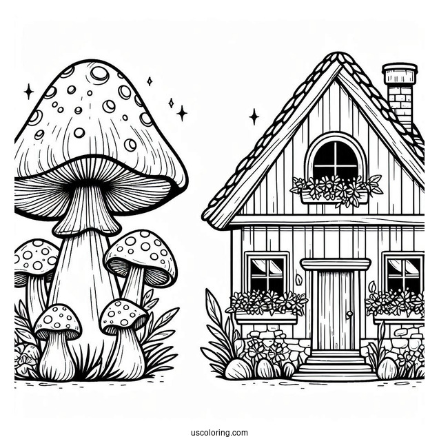 Mushroom Coloring Page House With Two Windows
