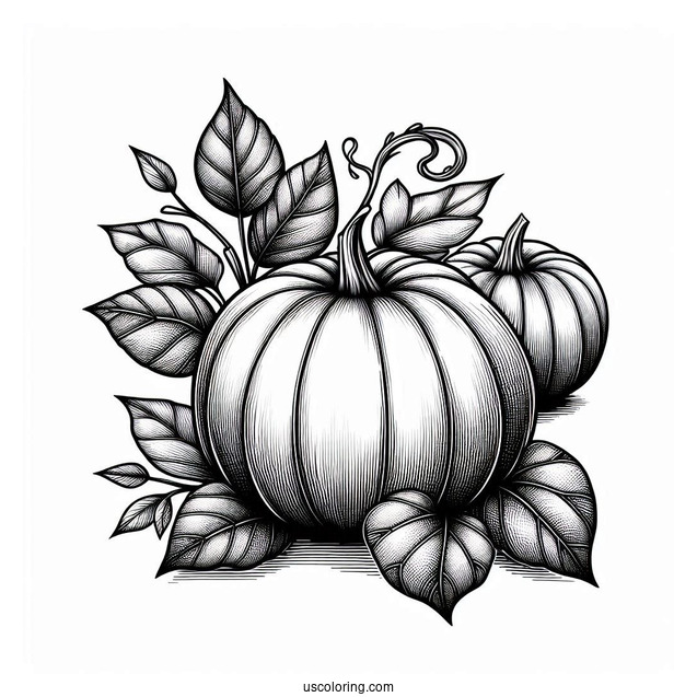 Full Page Realistic Pumpkin Coloring Page With Leaves