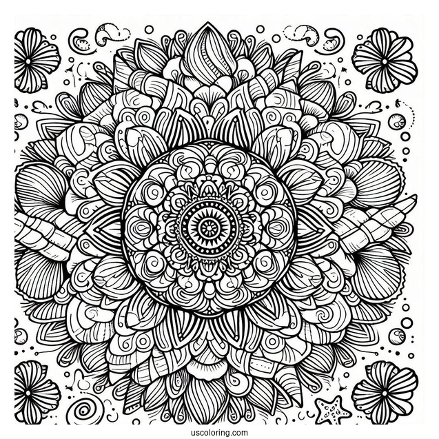 Beach Coloring Page Mandala With Seashells