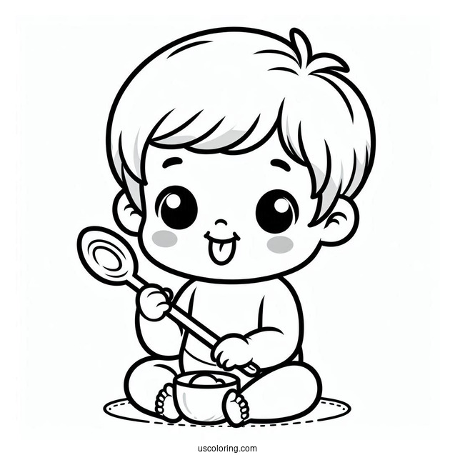 Baby Coloring Page Of Grinning Toddler Holding A Spoon