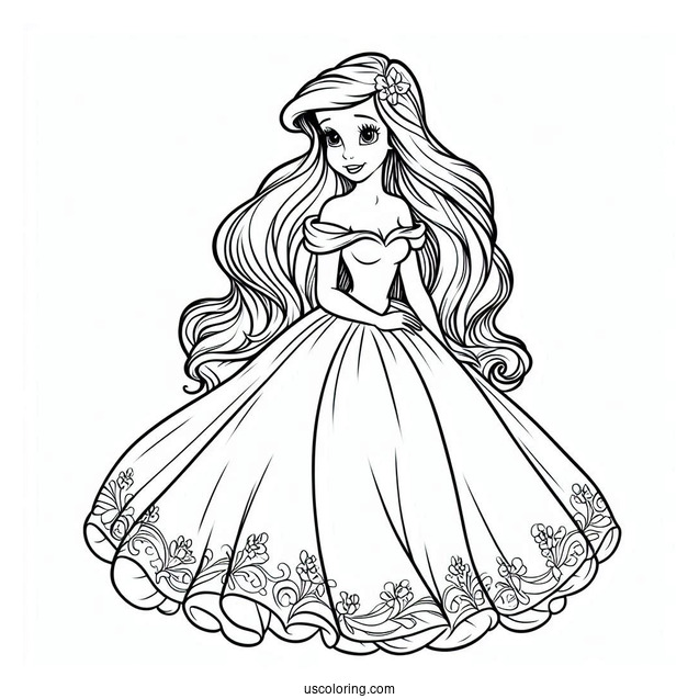 Pretty Ariel In Gown Coloring Sheet