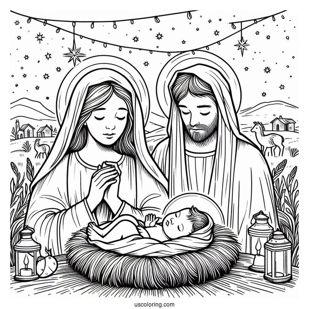 Nativity Coloring Page Of Mary And Joseph Watching Over Newborn Jesus Nativity