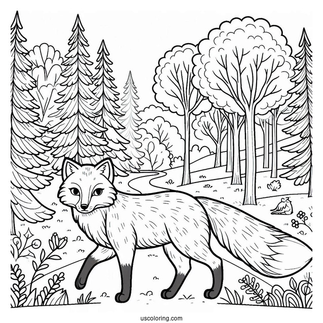 Fox Coloring Page Walking In The Forest