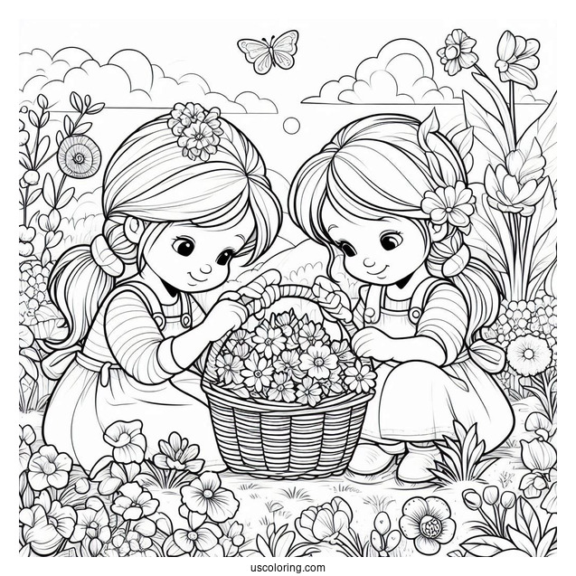 Two Little Girls Harvesting Flowers In Spring Coloring Page For Kids