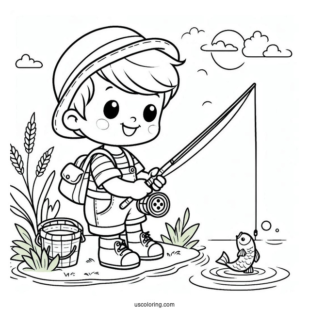 Happy Little Boy Fishing Coloring Page