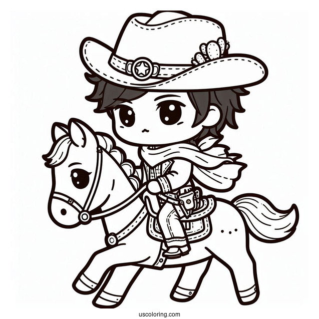Chibi Coloring Page Cowboy on Horseback