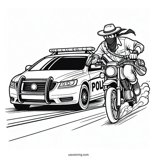 Police Car Coloring Page Chasing A Criminal On A Motorcycle