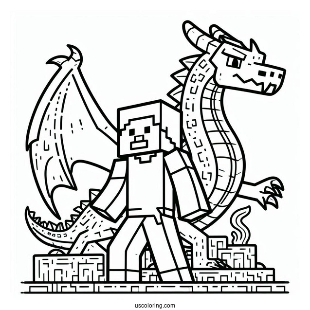 Minecraft Steve With Dragon Coloring Page For Kids