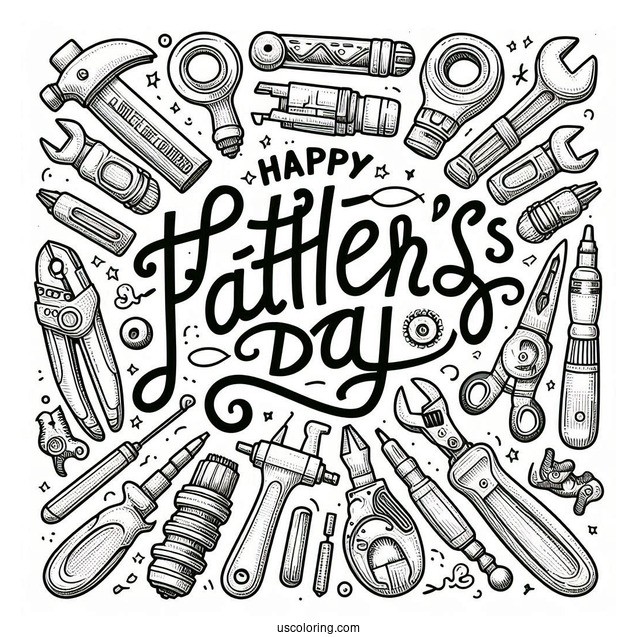 Happy Father's Day Coloring Page Of Words Surrounded By Tools