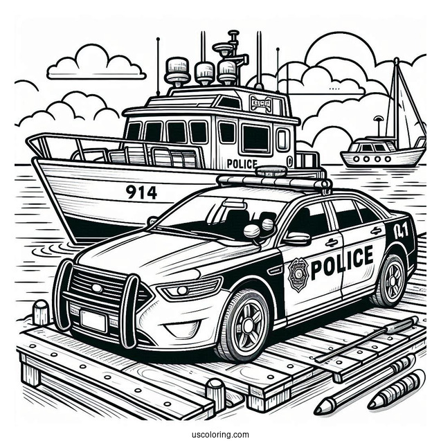 Police Car Coloring Page Parked On A Port Beside A Police Boat