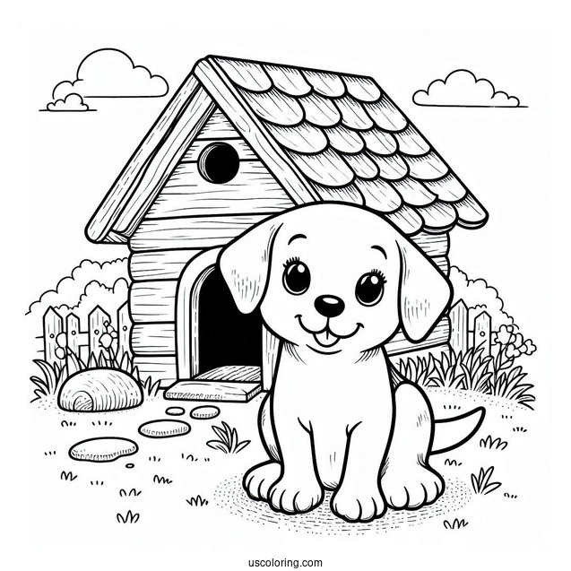 Puppy In Front Of Dog House Coloring Sheet