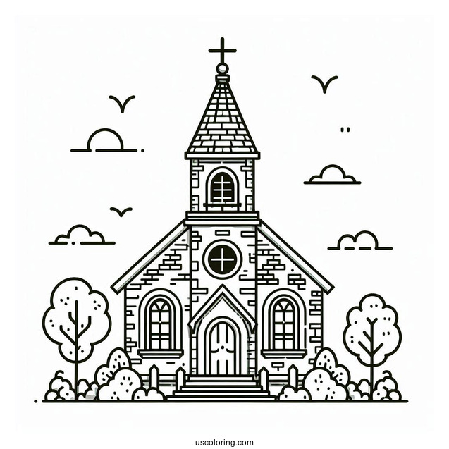 Cute Brick Church Coloring Page With A Tower For Kids
