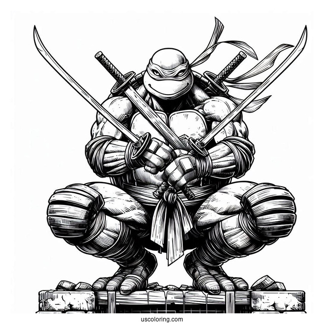 Ninja Turtles Coloring Page Of Adult Leonardo Using Dual Katana In Sewer