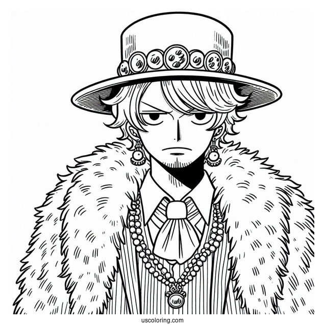 One Piece Coloring Page Of Trafalgar D. Water Law Wearing Fur Coat And Jewelry