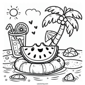 Summer Coloring Page Of Happy Watermelon On A Floatie With A Coconut Drink