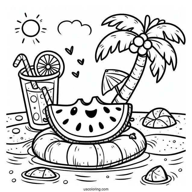 Summer Coloring Page Of Happy Watermelon On A Floatie With A Coconut Drink