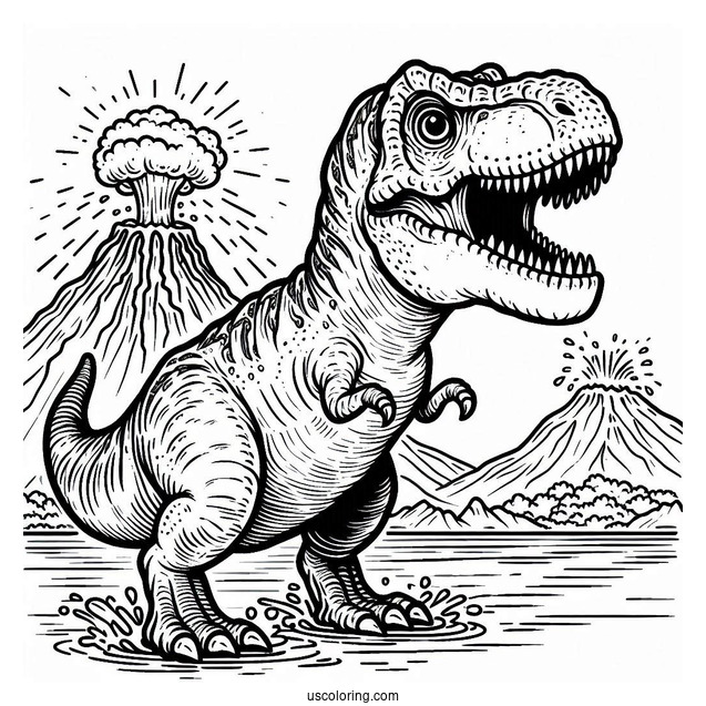 Roaring T-Rex With Volcano Erupting To Color
