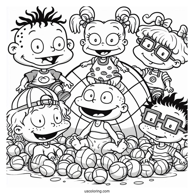 Rugrats Coloring Page Of Tommy, Chuckie, Angelika, Susie, And Dil In Ball Pit