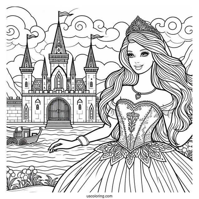 Princess Barbie In Front Of Castle To Color