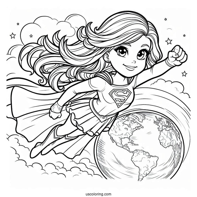 Comic Supergirl Coloring Page Flying Above Earth