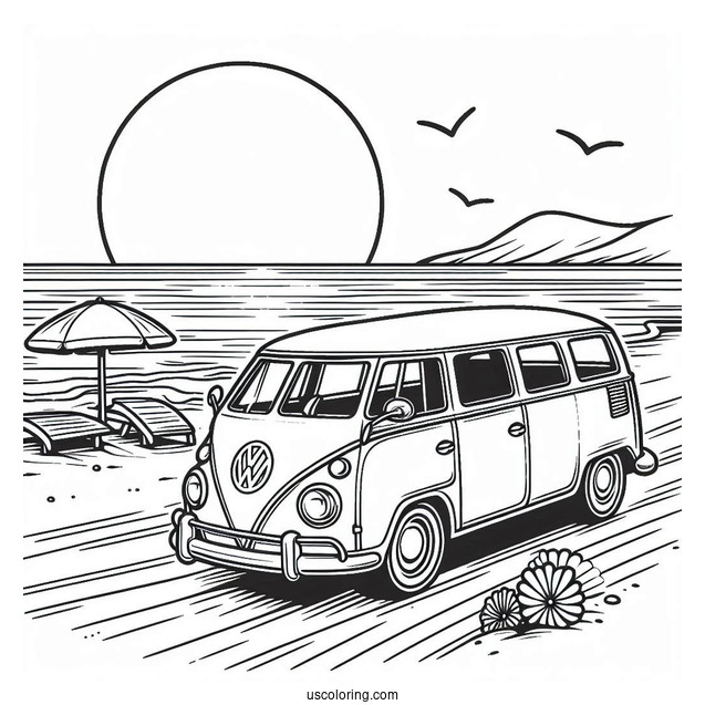 Volkswagen Driving Through A Beach In Summer Coloring Page