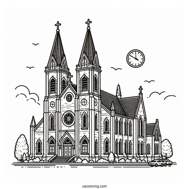 Exterior Of A Big Protestant Church Coloring Page With Clock Towers