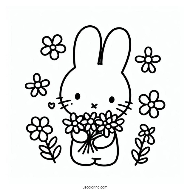 Easy Miffy Coloring Page Holding Flowers