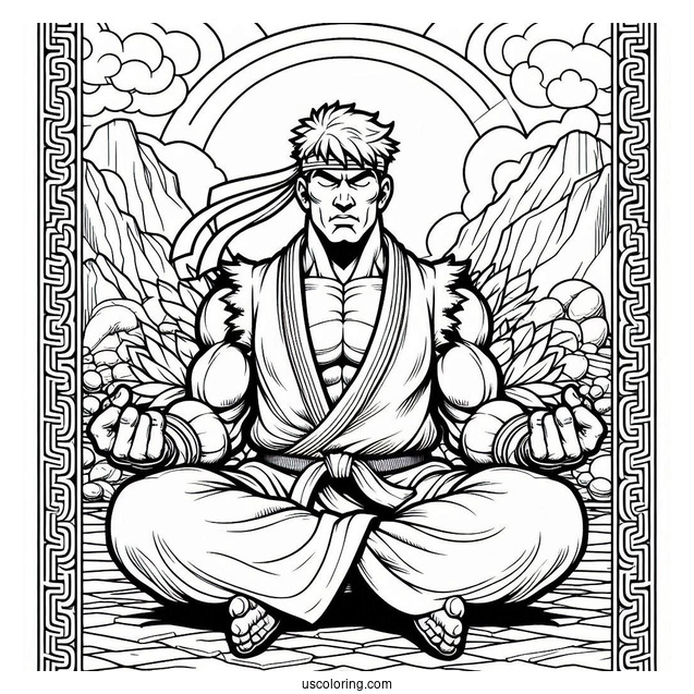 Street Fighter Coloring Page Of Ryu Meditating For Kids