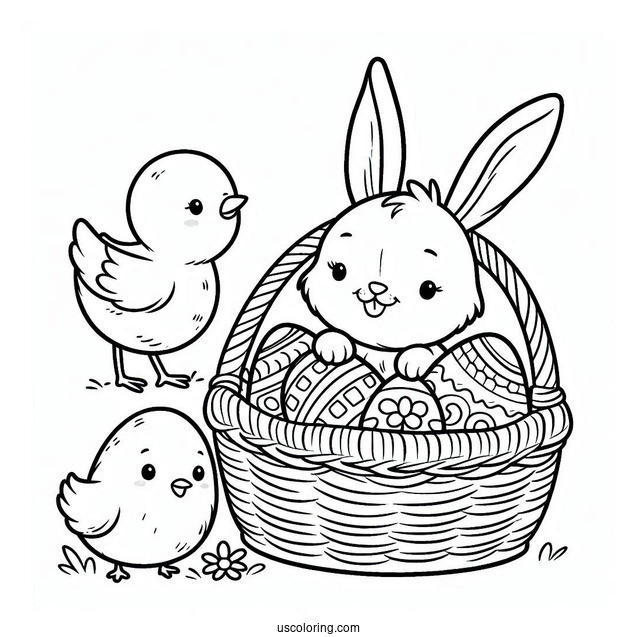 Cartoon Easter Bunny Coloring Page And Chick With Easter Eggs In Basket