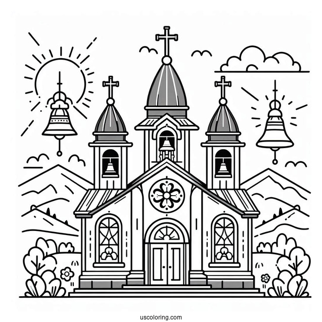 Simple Church Coloring Page With Crosses And Bells For Kids