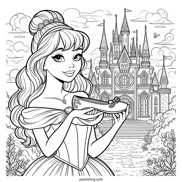 Princess Coloring Page Of Cinderella Outside Of Castle Holding Glass Slipper